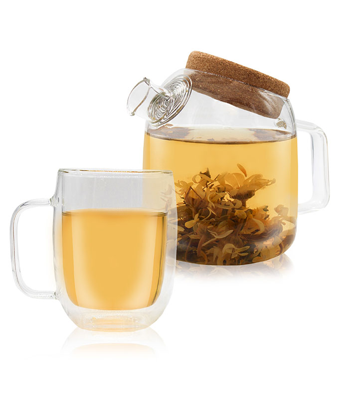 Tasse et théière en verre transparent Horae